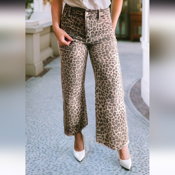 Leopard Print Wide Leg Denim Jeans Size 12 NWOT - Picture 3 of 14